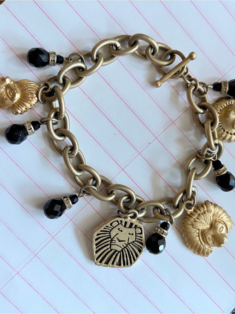 Disney Inspired Gold Charm Bracelet Lion Eagle Chief Charms Black Beads
